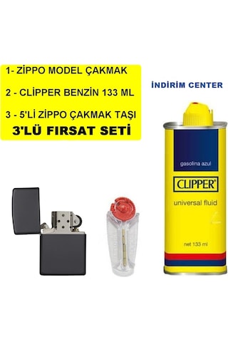 İthal Siyah Çakmak + Clipper Benzin 133 Ml + 5 Li Taşı Set