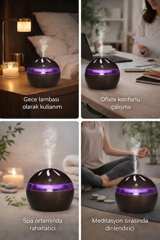 Exenar - Koyu Kahverengi - Ahşap Tasarımlı Aroma Koku Difüzörü Mini Hava Nemlendirici Buhar Makinesi 300ml Led Işık Buhurdanlık Dekoratif k Koyu Kahverengi