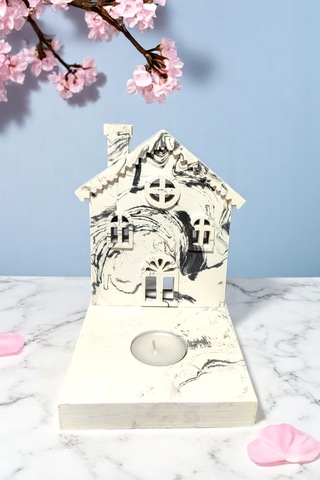 Meremer Desenli Dekoratif Tealight Mumluk - Ev Şeklinde Mumluk Tealight Mum Dahildir Beyaz - Siyah