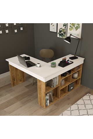 Robinhome Robin Home Boston Kitaplık Raflı Çalışma Masası L Masa Ofis Çalış Beyaz