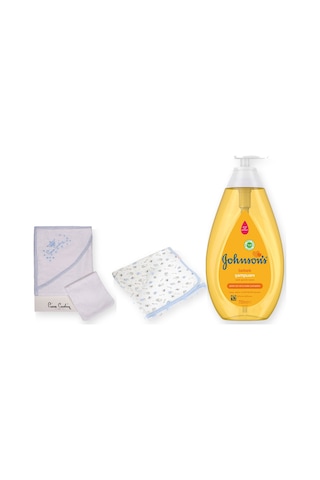 Baby Shower Hediye Seti 3 Parça: Kundak Havlu + Johnson's Şampuan + Sema Baby Battaniye - Mavi