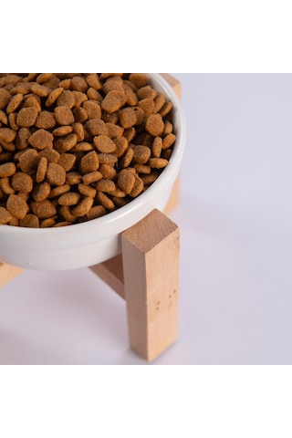 Beyaz Ahşap Standlı Seramik Mama/ Su Kabı Kedi Köpek Mama Su Kabı