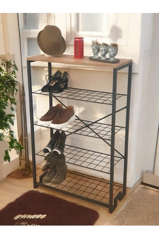 5 Metal Raflı Ahşap Tablalı Dresuar Salon Sehpa Ve Ayakkabılık Siyah