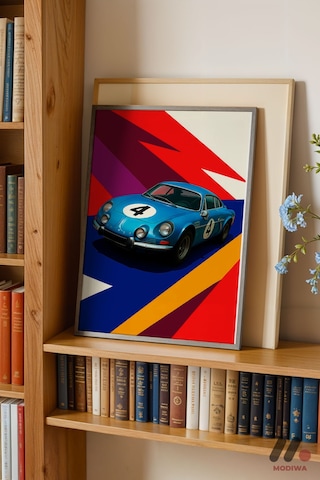 Mavi Ralli Arabası Pop Art, Siyah Çerçeveli Duvar Tablosu - Oto Severlere Özel Hediye