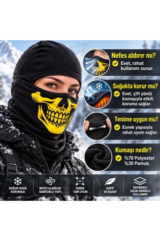 Unisex Sarı Kurukafa Desenli Balaklava Kar Maskesi Siyah Tam Yüz Boyunluk Motosiklet Outdoor Maske