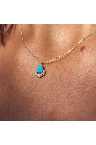 0,50Ct Turkuaz (Firuze) 0,25 Pırlanta Damla Ay Kolye-Doğal Taşlı-Sarı