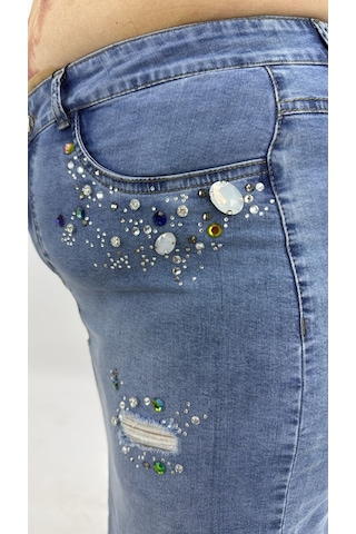 Zanessi Fashıon Büyük Beden Denim Taşlı Kalem Etek Mavi