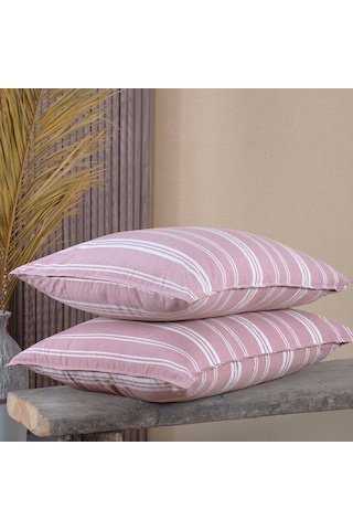 Pamuklu İpliği Boyalı Yıkamalı Kapaklı Yastık Kılıfı 2 Li Set 50x70 Cm Çift İğne Detaylı Pembe - Beyaz