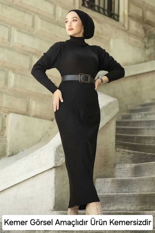 Kadın Boğazlı Uzun Fitilli Triko Dokuma Elbise - Siyah Siyah