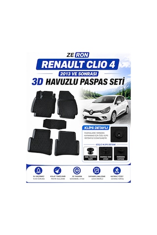 Renault Clio 4 2013 Ve Sonrası 3d Havuzlu Paspas Seti Su Geçirmez Kaymaz Siyah 5 Parça