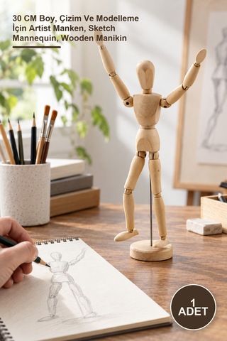 1 Adet Ahşap Eskiz Manken 30 Cm Boy, Çizim Ve Modelleme İçin Artist Manken, Sketch Mannequin, Wooden Manikin