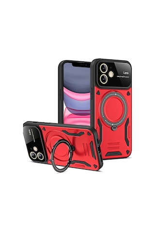 Apple Uyumlu iPhone 11 Kılıf Tam Koruma Sağlayan Manyetik Standlı Tank Silikon Kapak Ryc/joy Lens Kirmizi