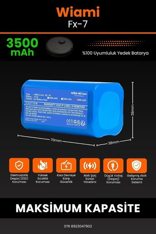 Robo Mi Wiami Fx-7 Robot Süpürge Bataryası, 3500mah Gerçek Kapasite, Maksimum Güvenlik, Model M288, Mavi