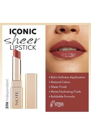 Note Cosmetics Iconic Sheer Lipstick 206 Independent Nemlendirici Parlak Ruj, Nude Parlak Ve Parlak Kaplama - Dokunma Balsamı - Zeytin Yağı Ve Shea - Kristal Rengi 00