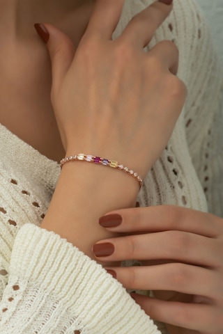 Papatya Silver 925 Ayar Rose Altın Kaplama Renkli Baget Taşlı Suyolu Gümüş Bileklik