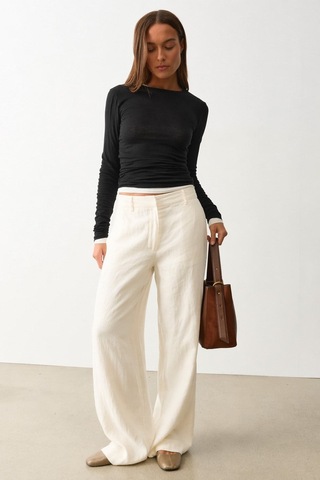 Madmext Ekru Yüksek Bel Keten Wide Leg Pantolon Mg2718