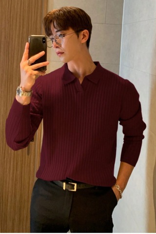 Cool Tarz Erkek Polo Yaka Triko Kazak Slim Fit Fitilli Bordo