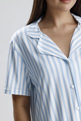 Kompedan Kadın Çizgili Önden Düğmeli Pijama Takım Mavi Çzg Mavi