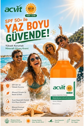 Acvit Yüksek Korumalı ve Mineralli Güneş Kremi SPF50+ 100 ML
