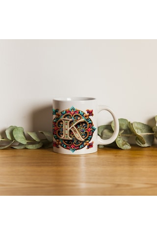 K Harfi Boho Bardak, Renkli Özel Tasarım Hediyelik Harfli Kupa, 330ml Porselen Beyaz