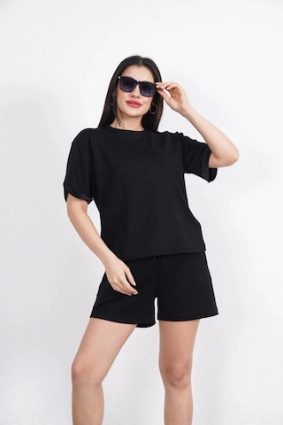 Freedom Storee Osy Modal Yumuşak Dokulu Kumaş Kadın Bisiklet Yaka T-shirt Kısa Şort İkili Takım - Siyah Çok Renkli