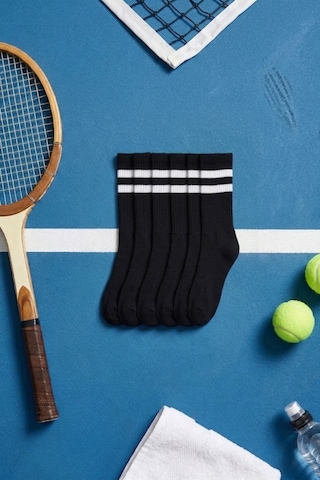 Socketta Erkek Spor Dikişsiz Havlu Taban 6'lı Beyaz Çizgili Soket Çorap Premium Siyah
