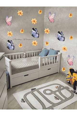 Kelebekler Ve Çiçekler Çocuk Bebek Odası Cam Duvar Sticker Seti Siyah