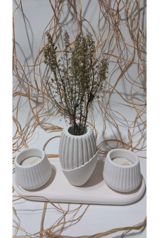 İskandinav Vazolu Tabaklı Tealight Mumluk Set Beyaz Beyaz