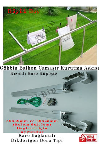 Gökbin Çamaşır Kurutma Askılığı Alüminyum Kare Küpeşte Çamaşırlık Gri - Gümüş