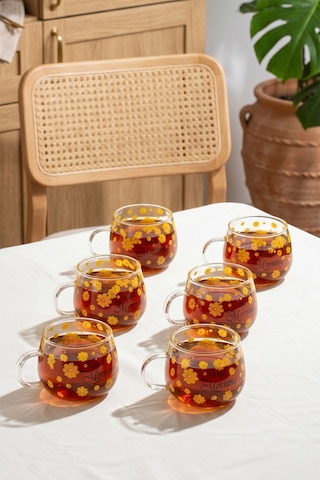 Porsima 2089-1 6lı Borosilikat Isıya Ateşe Dayanıklı Cam Kulplu Çay Bardağı Kahve Bardak Kupa 400 ML