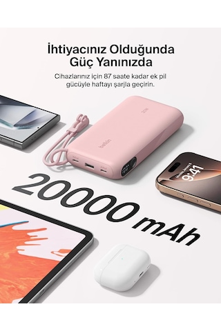 Belkin Boostcharge Power Bank 20000 Mah Display, Pd 20w Usb-c Kablolu, Pembe