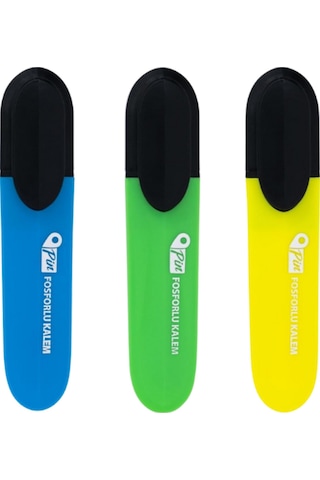 800 Fosforlu Kalem Sarı Mavi Yeşil 3'lü Set Çok Renkli