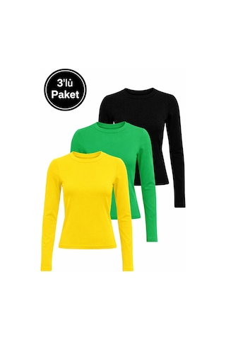 Rich Kadın Siyah-sarı-yeşil 3'lü Paket Bisiklet Yaka Esnek Kumaşlı Vücuda Oturan Slim Fit Uzun Kollu Crop Body Sarı