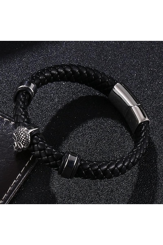 Erkek Örgülü Deri Kurukafa Bileklik Paslanmaz Çelik Erkek Bilezikleri Parti Takıları Hediye Punk Bileklik Kahverengi