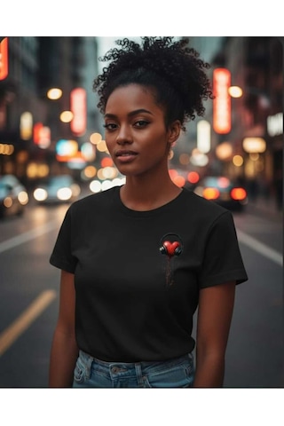 Kalp Kulaklık Baskılı Sevgililer Günü Pamuklu Kadın T-shirt Siyah