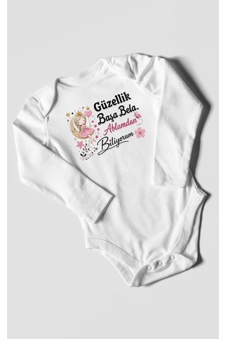 Morivokids Güzellik Başa Bela Ablamdan Biliyorum Uzun Kollu Bebek Body %100 Pamuk Beyaz