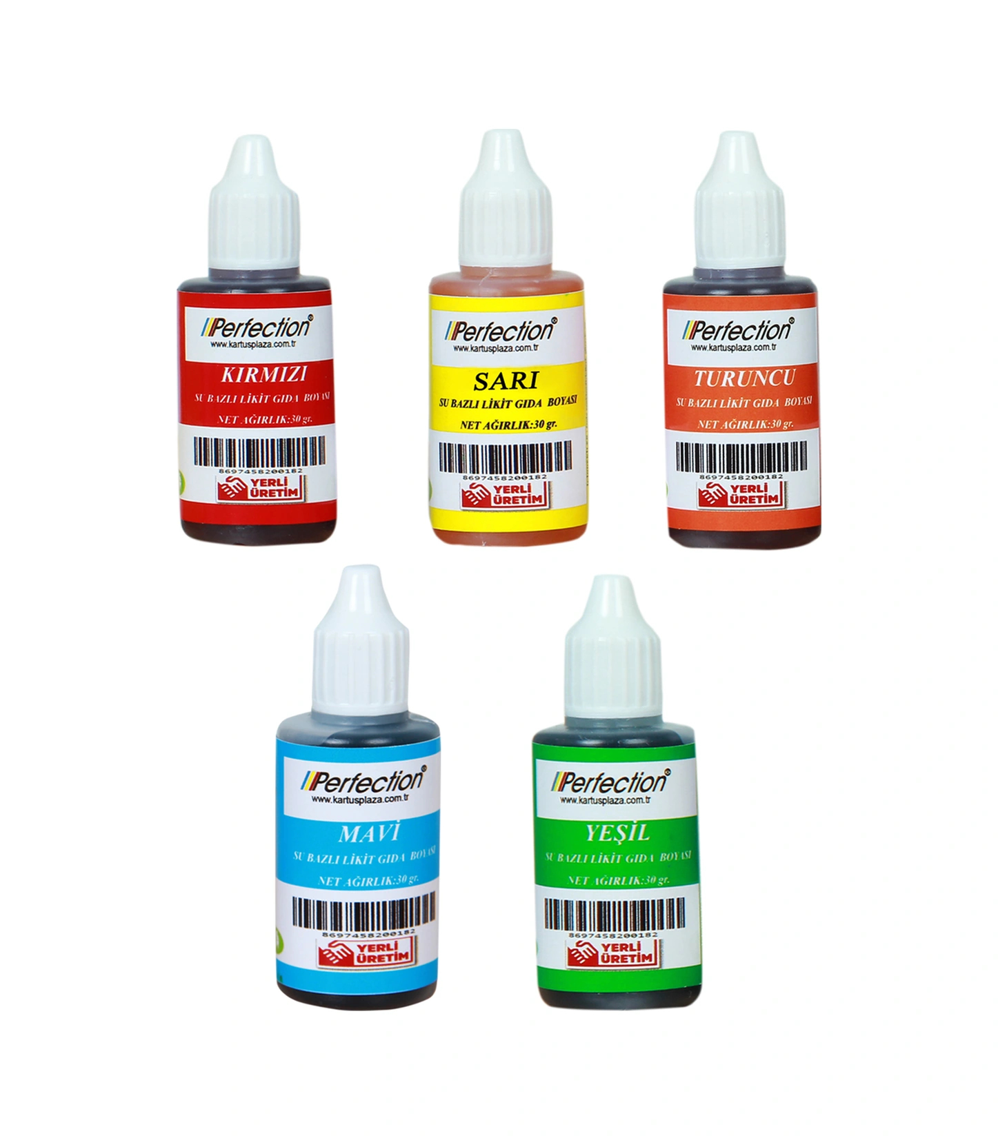 Perfection Chef 5'li Sıvı Su Bazlı Likit Gıda Boyası Turuncu Sarı Kırmızı Mavi Yeşil 5 X 30 Gr .