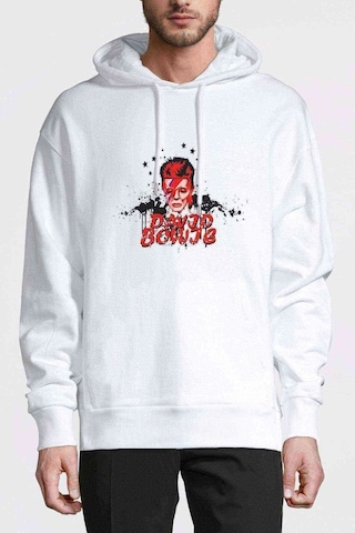 David Bowie Baskılı Beyaz Erkek Örme Kapşonlu Sweatshirt