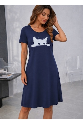 Alyn Wear Kadın Kısa Kollu Bisiklet Yakalı Kedi Desenli Viskon Kısa Elbise Lacivert