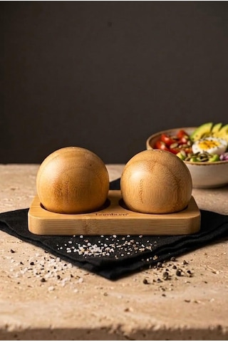 Bambu Stantlı 2'li Küre Tuzluk Biberlik Seti 16x8.5 Cm - Doğal Yuvarlak Top Bambu Baharatlık Takımı Beyaz - Kahverengi