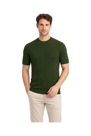 Vexor Erkek Yazlık Fitilli Triko Tişört Kısa Kol Bisiklet Yaka T-shirt - Haki