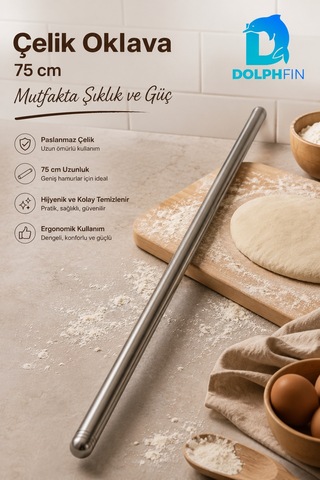 75 Cm Paslanmaz Çelik Oklava Profesyonel Hamur Açma Merdanesi