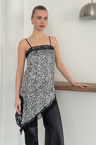 Verymoda Dantel Detaylı Askılı Pullu Asimetrik Tunik - D2934 Gümüş