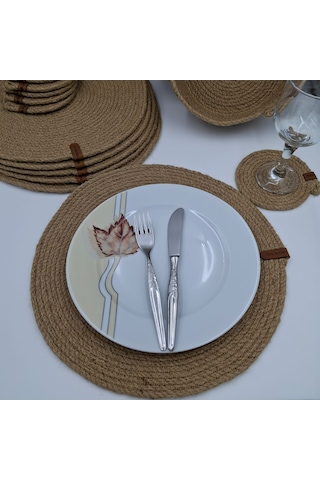 6 Kişilik 14 Parça Hasır Rengi Amerikan Servis, Hasır Supla Takım Naturel