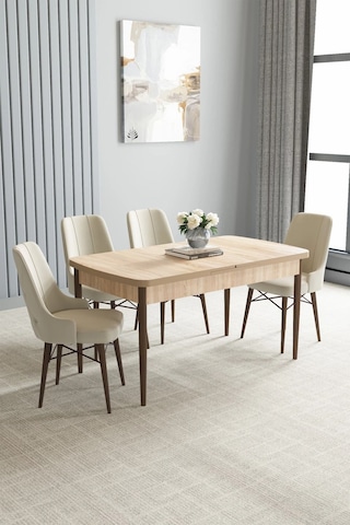 Zümra Serisi, Meşe Desen 80x132 Açılabilir Mdf Mutfak Masası Takımı 4 Adet Sandalye Krem