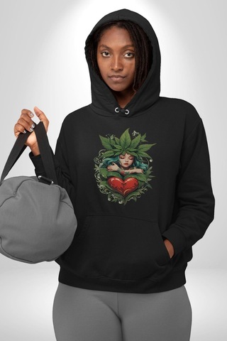 Kalp Parmak Kız Yeşillik Mutluluk Kadın Erkek Siyah Kapüşonlu Sweatshirt Hoodie Siyah
