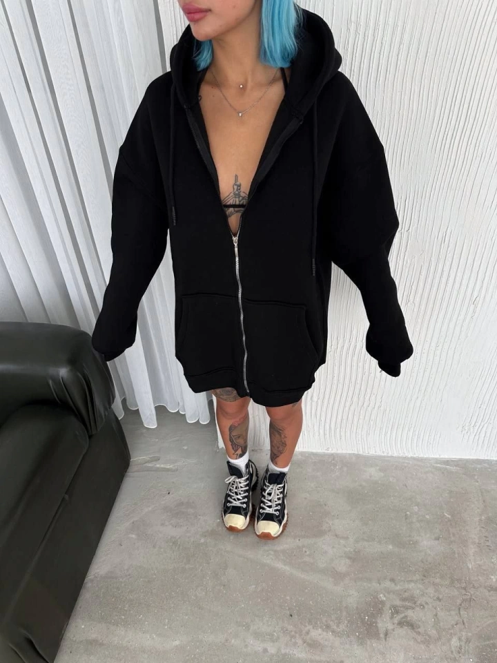 Amorluxe Oversize Tam Fermuarlı Uzun Kol Hırka - Siyah