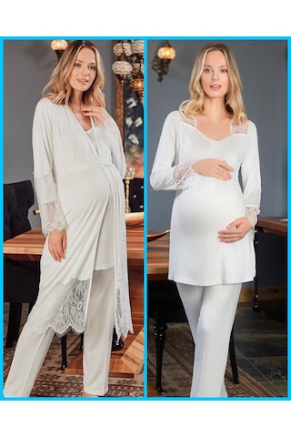 Bone Club 5109  ECRU Fantazi Dantelli Hamile Lohusa3 Lü Pijama Sabahlık Tk