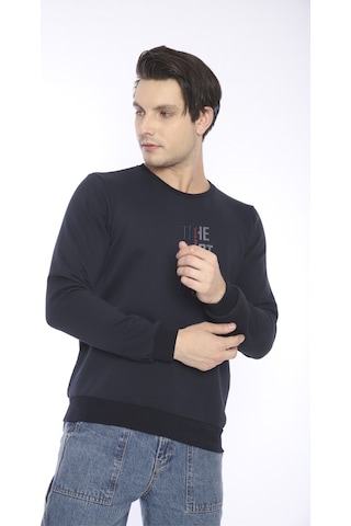 Escetic Erkek Spor Slimfit, Bisiklet Yaka Lacivert Sweatshirt-427 Lacivert