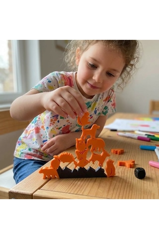 Montessori Hayvan Figürlü Denge Oyunu - Eğitici Zeka Geliştirici Tetris Blokları - Turuncu 12 Parça